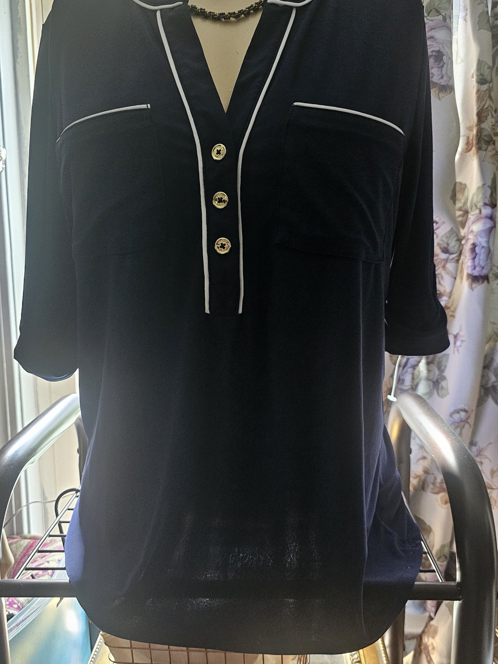 Anne Klein Navy Polo Shirt with White Piping and Gold Buttons(216)